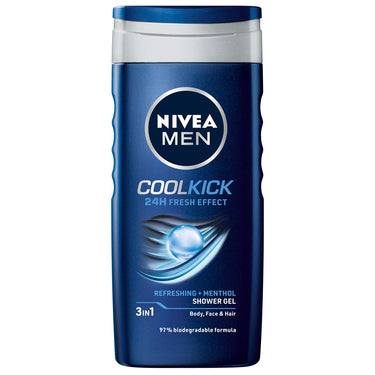 NIVEA Men Body Wash, Cool Kick with Refreshing Icy Menthol, Shower Gel for Body, Face & Hair, 250 ml